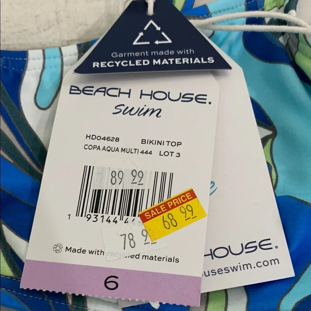 Beach House Blue Green Tropical Leaf Bikini Top SPF 50 NWT Medium